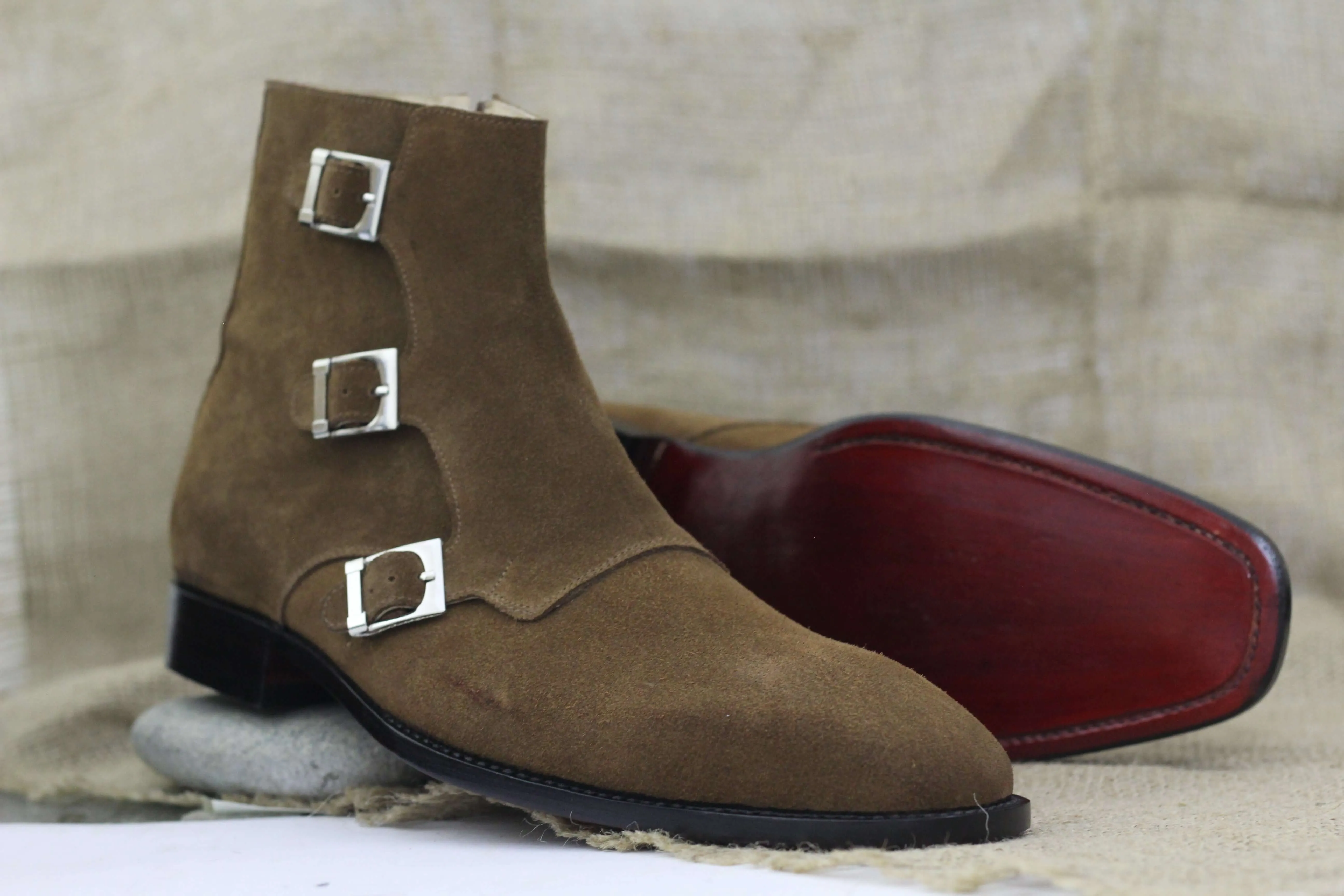 Ankle High Brown Triple Buckle Boot, Men's Handmade Size Zipper Suede Boot