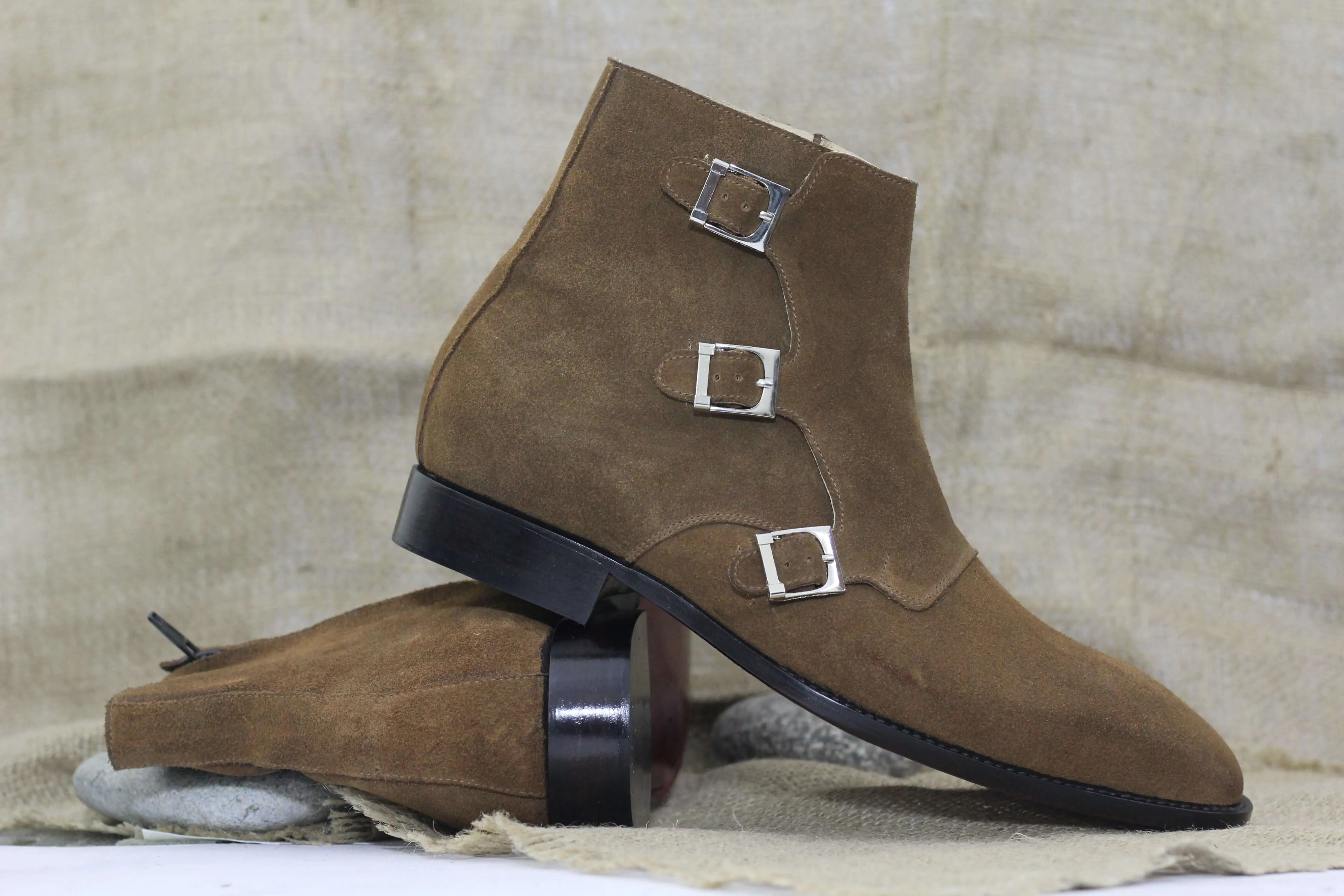 Ankle High Brown Triple Buckle Boot, Men's Handmade Size Zipper Suede Boot