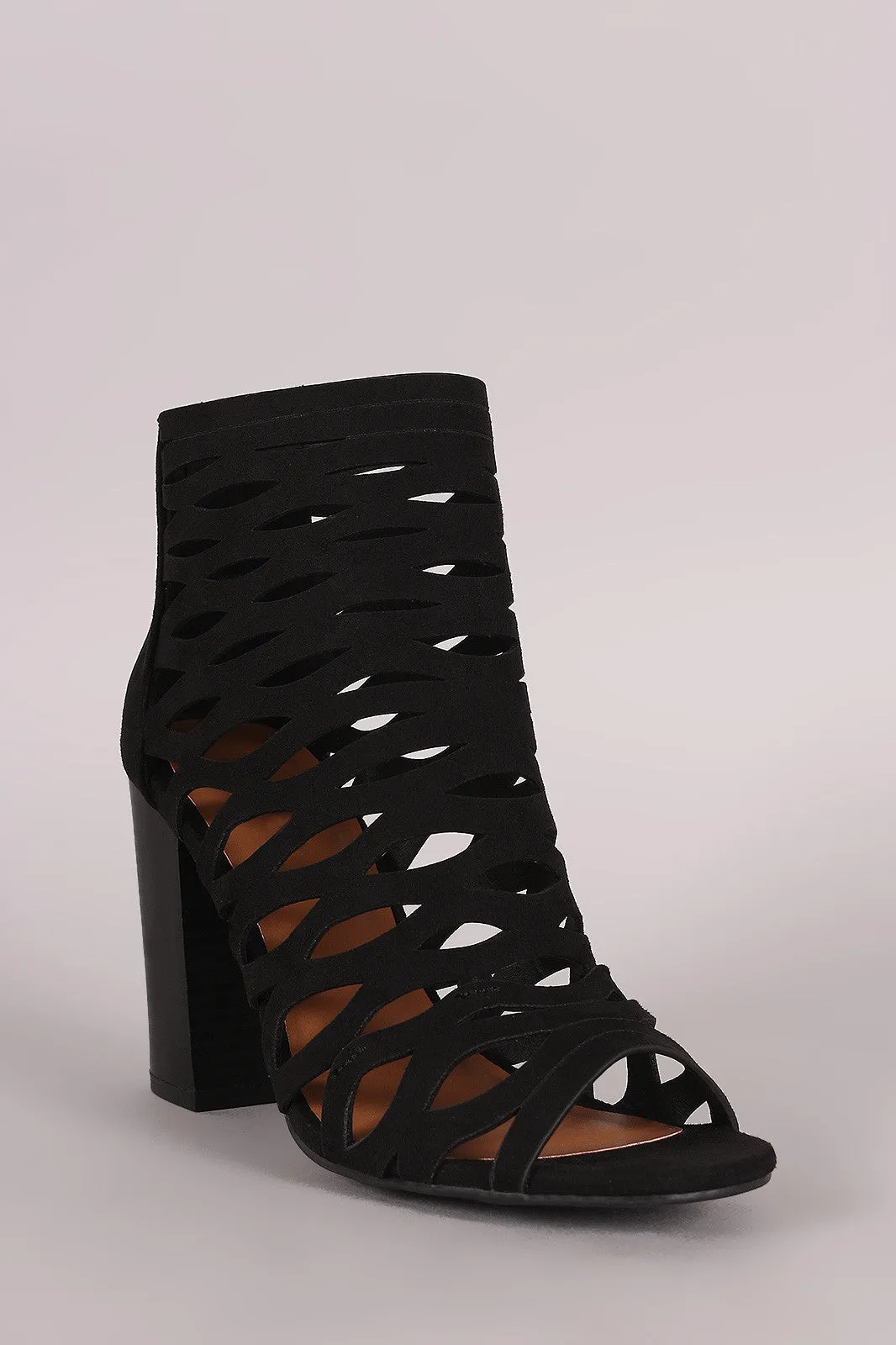 Tawi - Suede Caged Cutout Chunky Heeled Booties